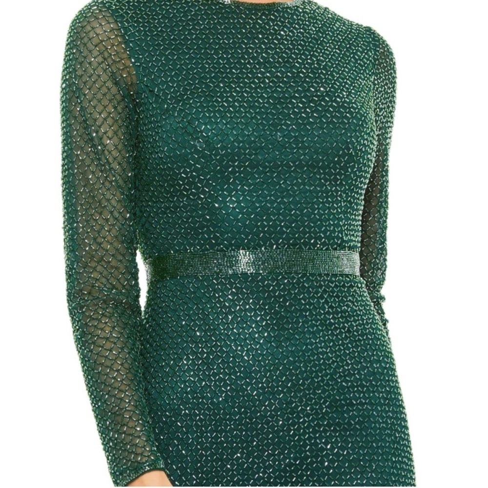 Mac Duggal Evening 5056 Long Sleeve Beaded High Slit Gown Green Beaded NEW - Picture 3 of 14
